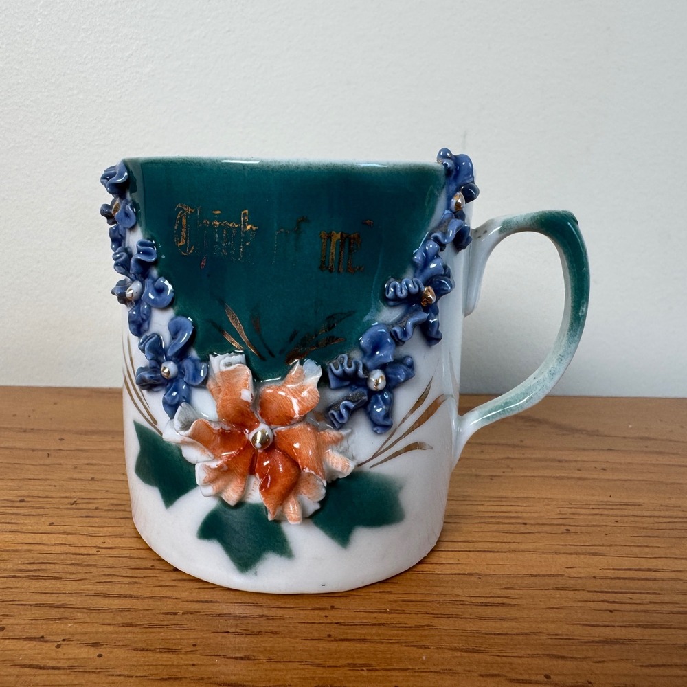 Antique Victorian Applied Floral Porcelain Mug Think Of Me Gold Gilt Blue Orange